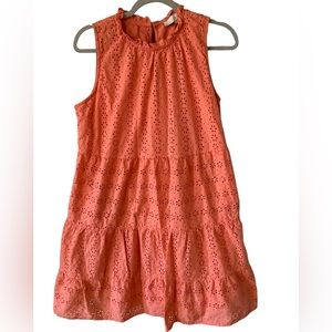 LOFT Eyelet Coral Melon Orange Tiered A Line Mini Dress Large